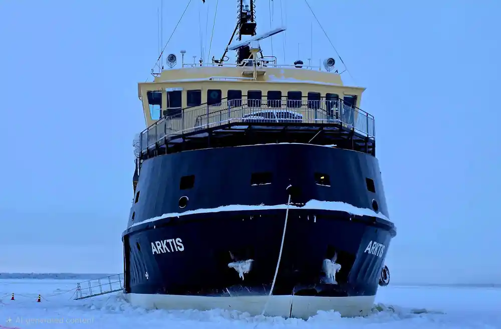 The bow of Arktis from the ice, snow on the deck