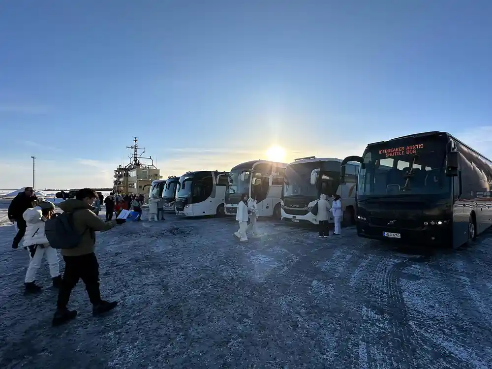Coaches parked at the harbour beside the ship at sunrise