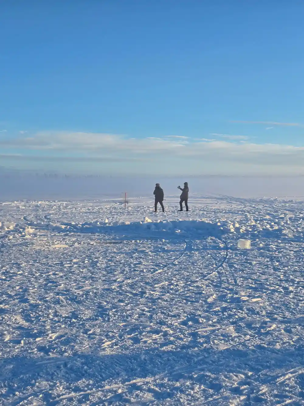 Two figures standing far out on the frozen sea
